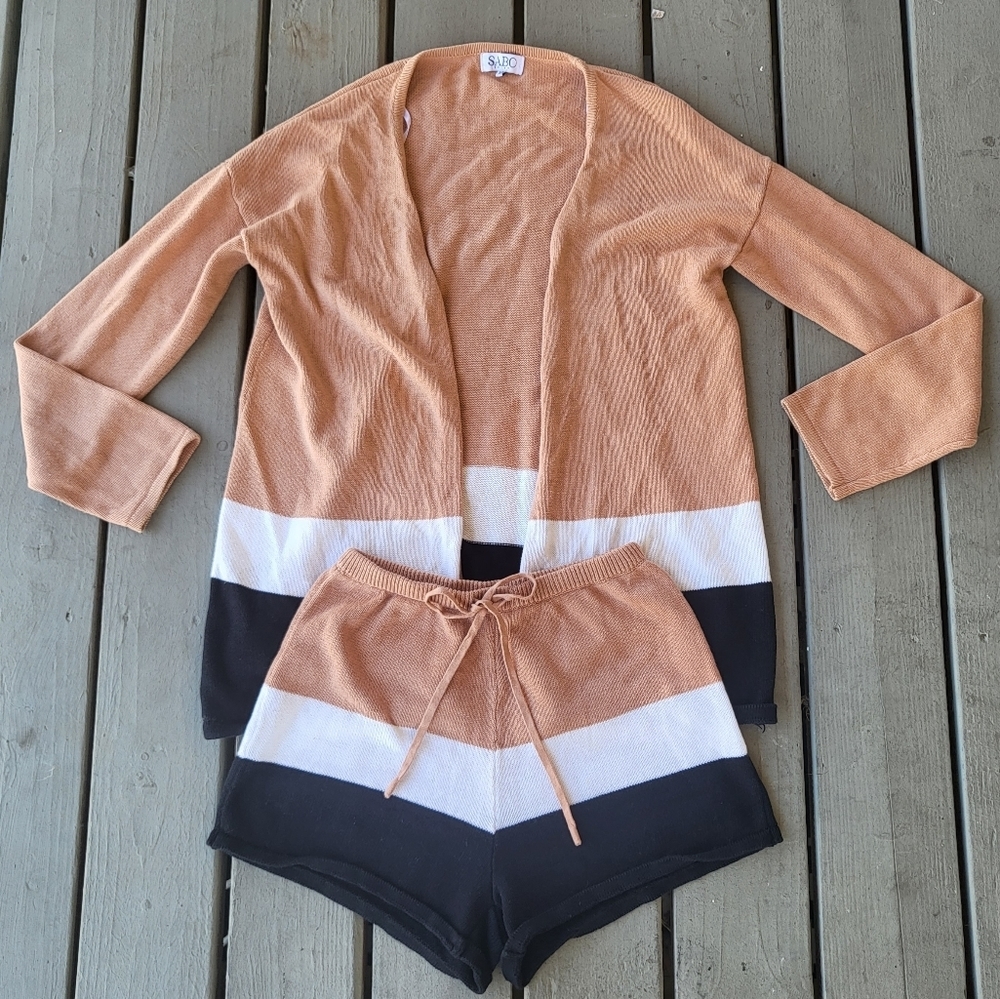 SABO Knit Lounge Set Mini Shorts Sweater Cardigan Striped Brown Black White XS